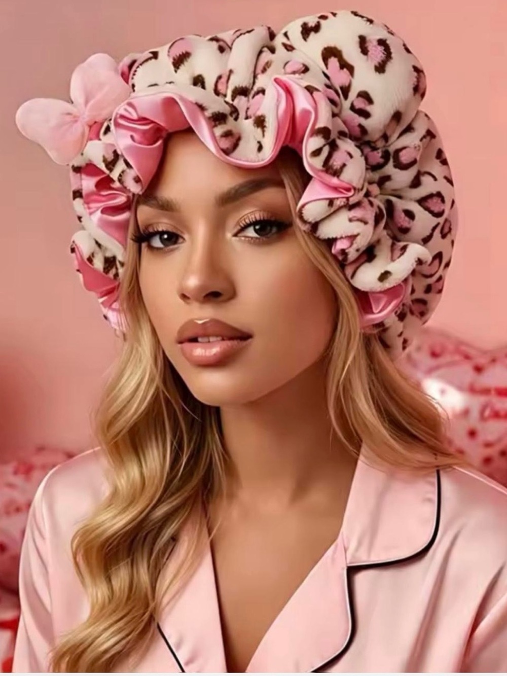 & Other Stories Pink Leopard Satin-Trim Hair Bonnet